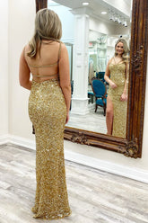Bling Mermaid Spaghetti Straps Golden Sequins Long Prom Dress with Backless